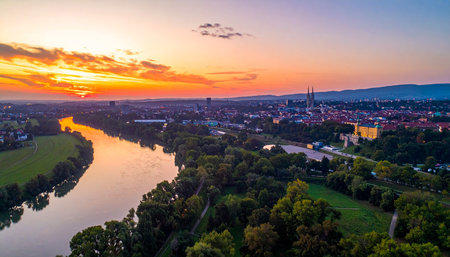 Aerial view of the city of Heidelberg at sunset, Germanyの素材