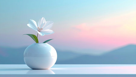 White flower in vase on table with nature background, 3d renderの素材