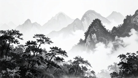 Mountains and forest in the fog, black and white illustration.の素材