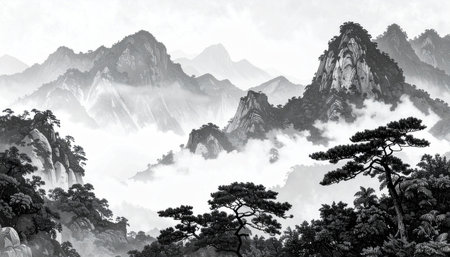 Panoramic view of the misty mountains in Huangshan, China.の素材