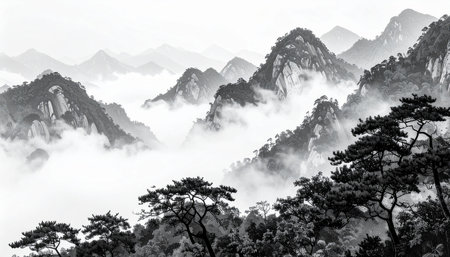 Mount Huangshan in winter, China. Black and white.の素材