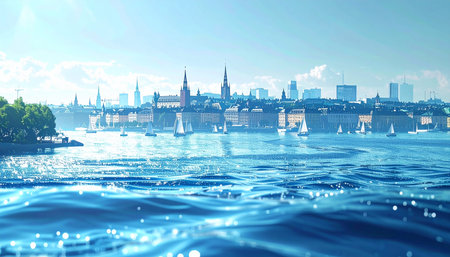 Panoramic view of the city of Stockholm from the sea.の素材