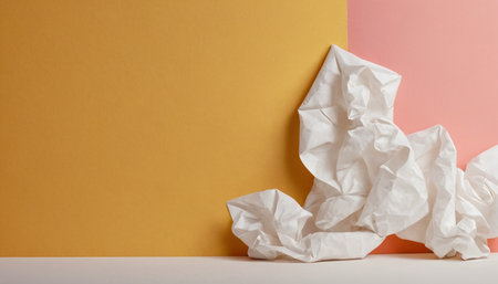 Crumpled paper ball on a colored background with copy space.の素材