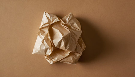 Crumpled paper ball on brown background, top view, copy spaceの素材