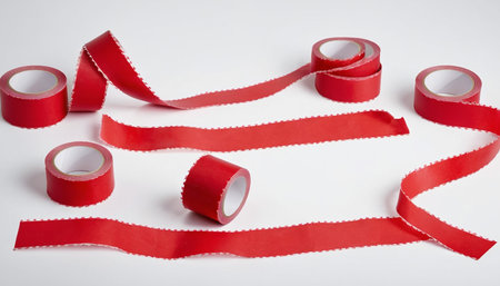 Red ribbons isolated on white background. Set of tapes with copy spaceの素材