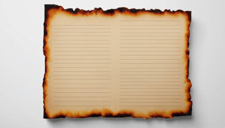 Blank sheet of paper with burnt edges on a white background.の素材