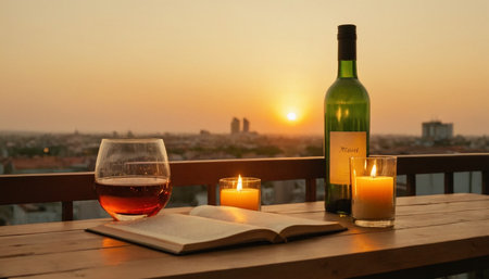 A bottle of wine, a glass of wine, a book and candles on the background of the city.の素材