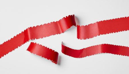 Red ribbons on white background, closeup. Space for textの素材