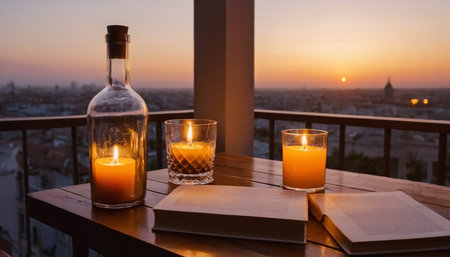 A bottle of wine and two candles on the balcony at sunset.の素材