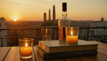 Vodka with books and candles on the terrace at sunset.の素材