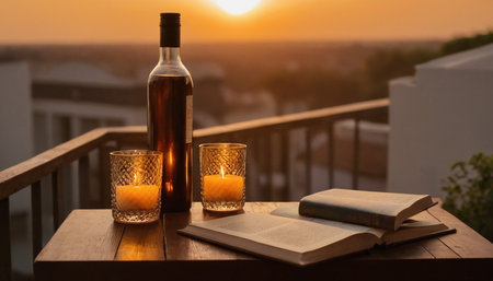 A bottle of wine, a book and candles on the balcony at sunsetの素材