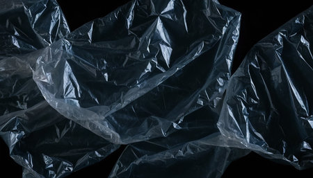 close up of a crumpled plastic bag on a black backgroundの素材