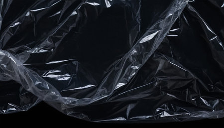 close up of a plastic cellophane bag on black background.の素材