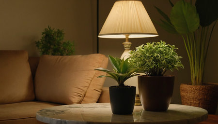 Interior of living room with sofa, table lamp and plants.の素材