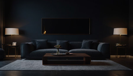 Interior of modern living room with black walls, carpet and sofa 3d renderの素材