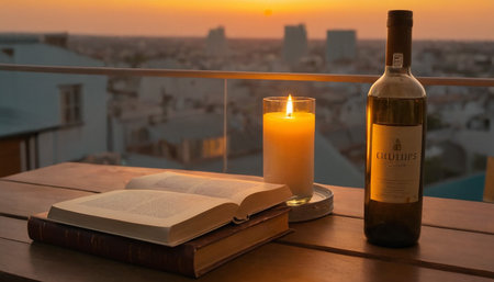 A bottle of wine, a book and a candle on a tableの素材