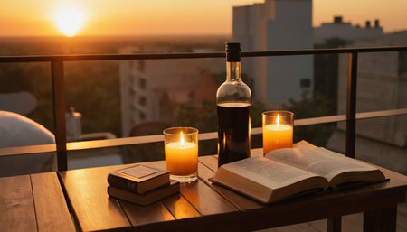 A bottle of wine, a book and candles on a balcony at sunsetの素材