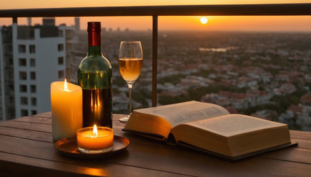 Wine, book and candles on a balcony in the evening.の素材