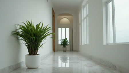 White empty room with green plant in the corner. 3d renderingの素材