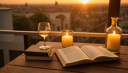 Glasses of wine, books and candles on the table at sunsetの素材