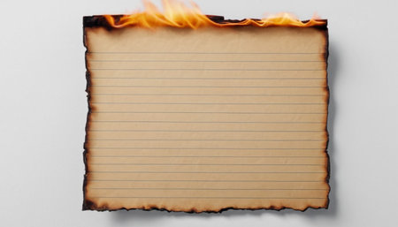 Burning sheet of paper on a white background with copy space.の素材