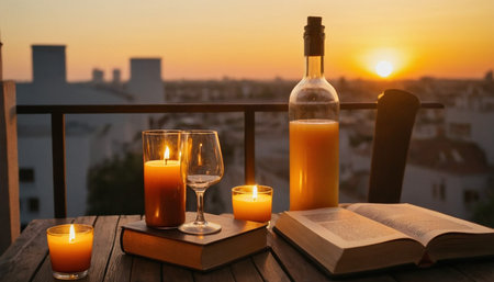 Wine bottle with glasses and book on balcony at sunset, space for textの素材