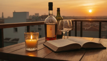 Bottle of wine, a book and a glass of wine on a wooden table against the background of the sunsetの素材