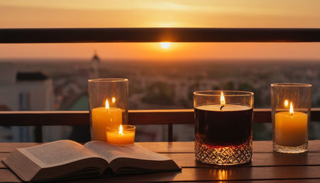 Burning candles and book on balcony at sunset, space for textの素材