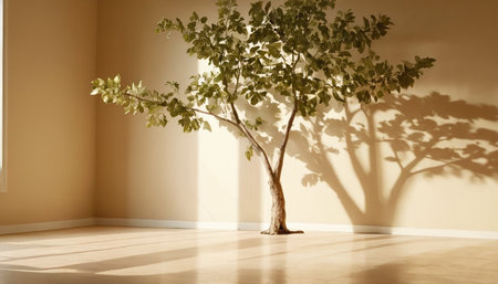 green tree in empty room with shadow on wall - 3d renderingの素材