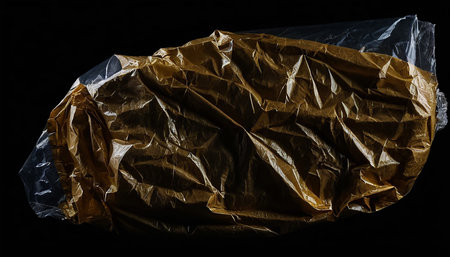 Crumpled and crumpled brown paper on black background.の素材