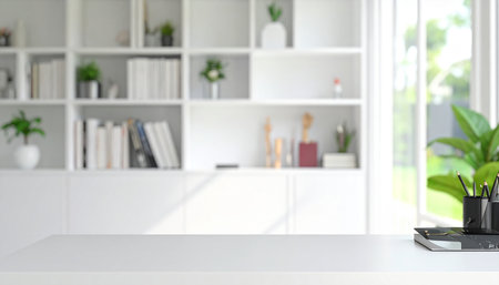 Closeup of a desk in a modern office with a blurred backgroundの素材