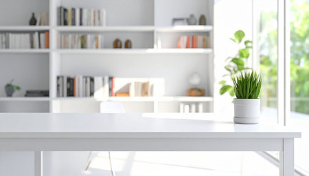White table with plant in modern office. 3d rendering mock upの素材
