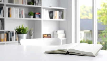 Open book on white table in living room with bookshelf on backgroundの素材