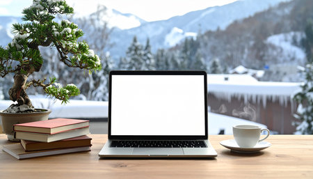 Mockup image of laptop computer with blank white screen on wooden table with mountain view backgroundの素材