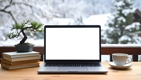 Laptop with blank screen on wooden table in front of winter landscape.の素材