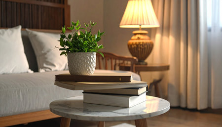 Vase with plant and books on table in room. Interior designの素材