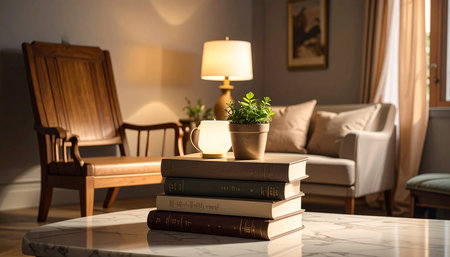 Comfortable armchairs and books on table in room. Interior designの素材