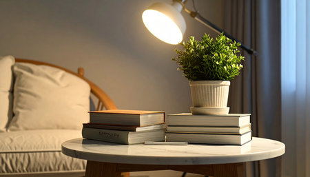 Books on a table in a room with a lamp and a plantの素材