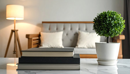 Stack of books on white marble table in modern bedroom with lamp.の素材