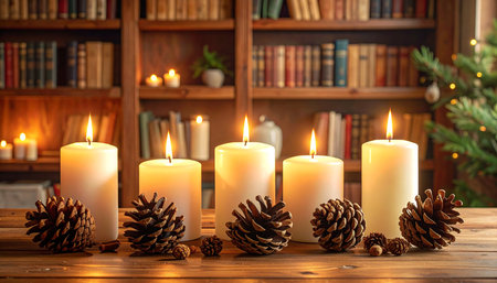 Burning candles on wooden table in room with bookshelves and Christmas treeの素材