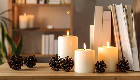 Burning candles with books on wooden table in room. Space for textの素材