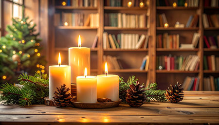 Burning candles on a wooden table in front of the Christmas treeの素材