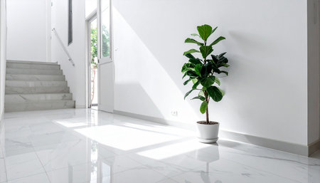 Interior of a modern apartment, white walls and a green plantの素材