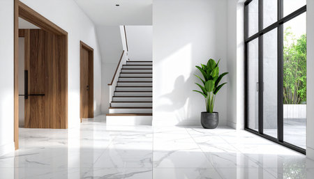 Interior of modern bright room with white walls, tiled floor, white and wooden door and plant in pot. 3d renderingの素材