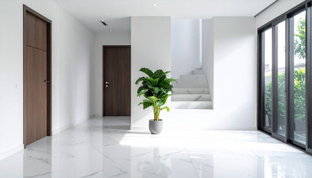 Interior of modern apartment with white walls, tiled floor, white and wooden door and plant in pot. 3d renderingの素材