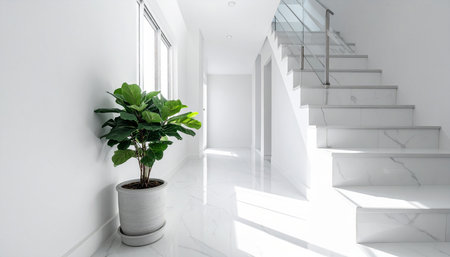 Interior of a modern house, white walls, stairs and plantsの素材