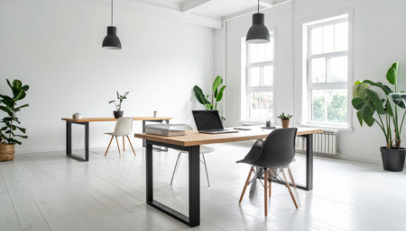 Modern office interior with wooden desk, chairs and plants. Nobody insideの素材