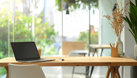 Laptop computer on wooden table in coffee shop cafe, stock photoの素材