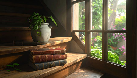 Vintage books on wooden shelf with green plant in vase and windowの素材