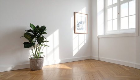 Interior of a modern apartment, empty room with plants in potの素材